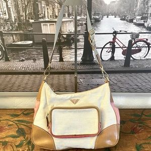 PRADA Semitracolla Canvas & Leather Shoulder Bag ART BR2530 Natural & Rosa